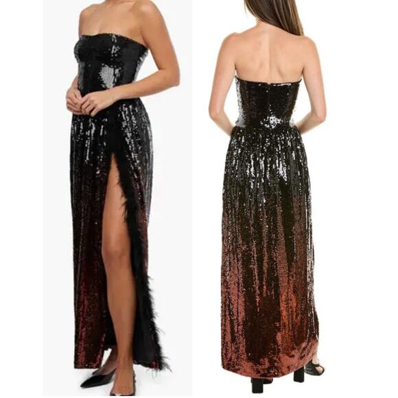 WeWoreWhat Sequins Strapless Corset Feathered Formal Gown Black/Brown Womens 2 - Picture 2 of 7